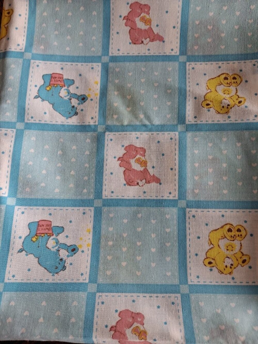 Vintage Care Bears American Greetings 1.5 yd Blue Fabric “Quilt” Squares 1983